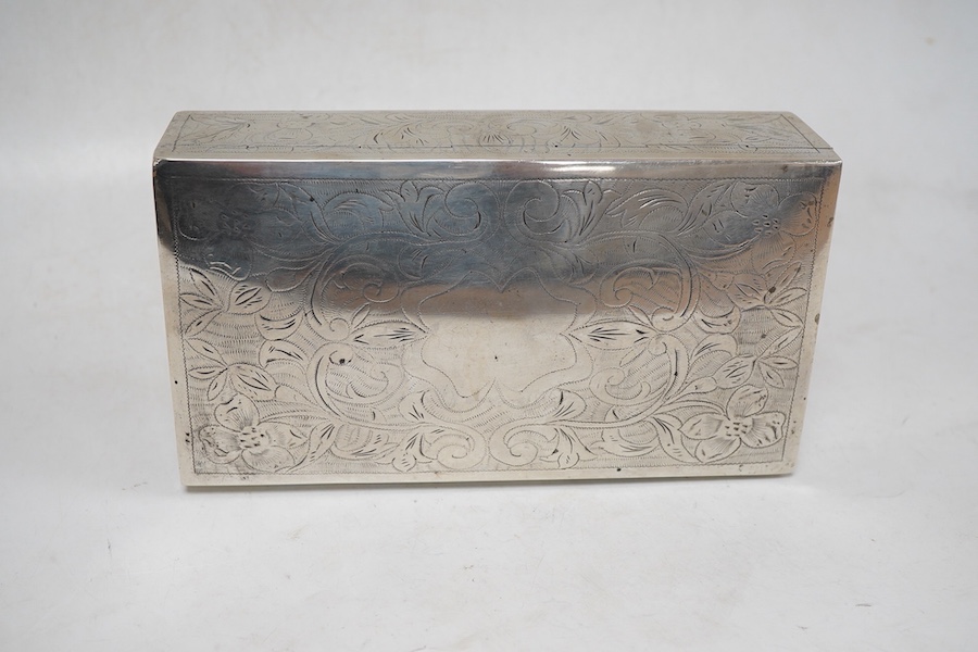 A continental 900 standard white metal mounted rectangular cigarette box, with engraved foliate decoration, 17.6cm.